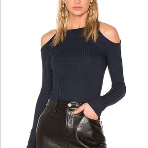 Frame navy rib-knit cut-out shoulder top